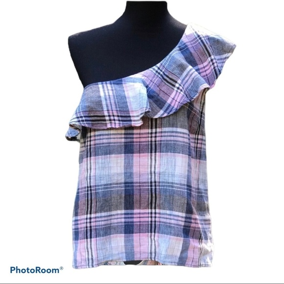 Cloth & Stone Plaid One Shoulder Ruffle Top - Picture 1 of 8